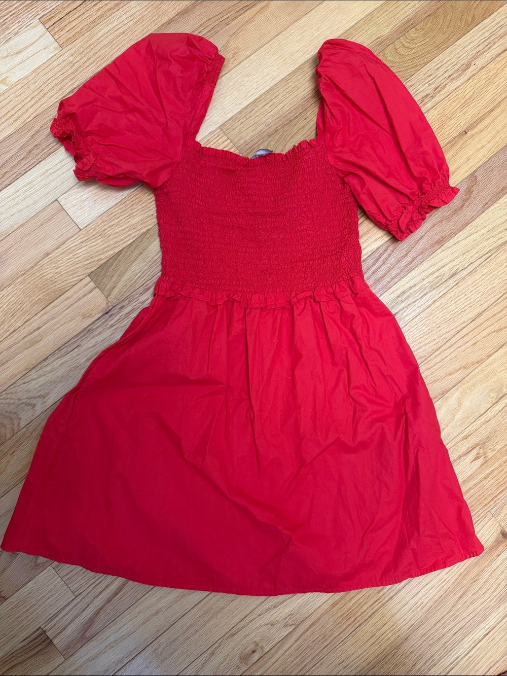 French Connection Red Puff-Sleeve Smocked Mini Dress 4